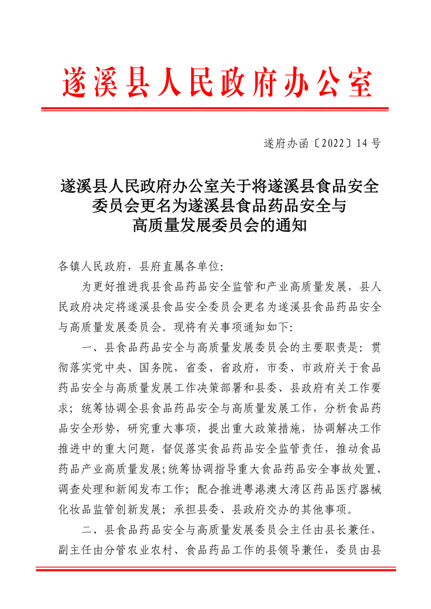 關(guān)于將遂溪縣食品安全委員會更名為遂溪縣食品藥品安全與高質(zhì)量發(fā)展委員會的通知（遂府辦函〔2022〕14號）_00.png