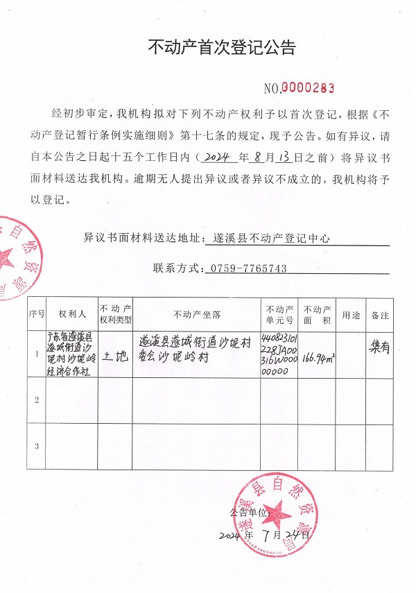 0724不動(dòng)產(chǎn)首次登記公告（廣東省遂溪縣遂城街道沙坭村沙坭嶺經(jīng)濟(jì)合作社）.jpg